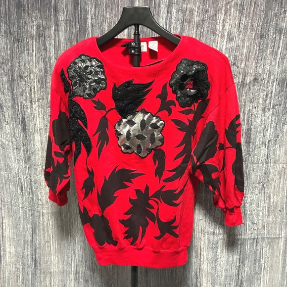 Bonnie and Bill by Holly Sweaters - VTG Bonnie and Bill by Holly Red Floral Print Embellishment Shoulder Pad Size M